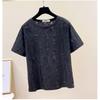 Women's Summer New Style Loose Slim Sequins Ripped Loose Short-sleeved T-shirt Fat Mm Half-sleeved Front Shoulder Top