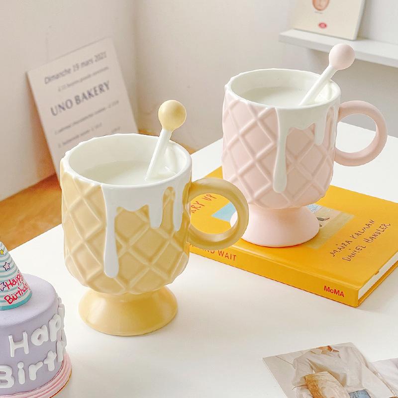 Cream Ice Cream Coffee Cup with Mixing Spoon Ceramic Cup Ins High Value Milk Cup for Girls Household Mug