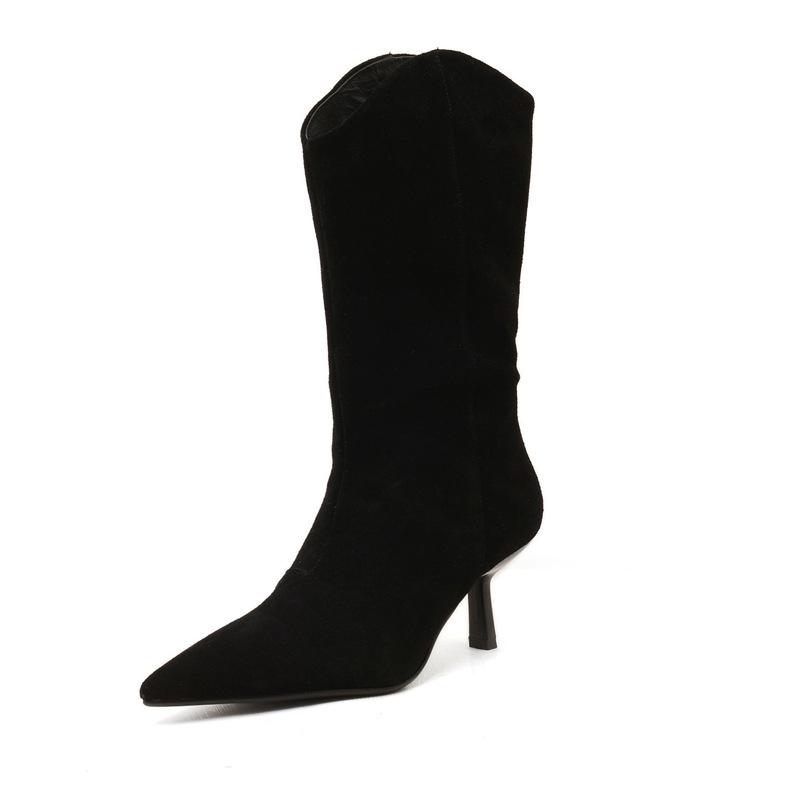 

Женские туфли на шпильке 2025 с острым носком, полусапоги, ковбойские сапоги в западном стиле, осенне-зимние матовые сапоги на высоком каблуке, стройнящие ноги 39