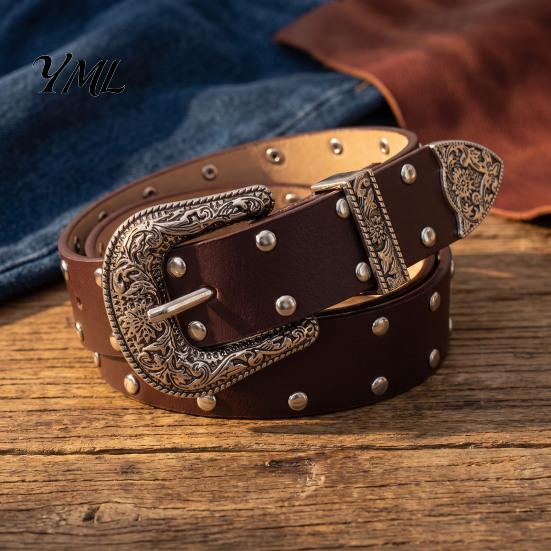 Hot Girl Style Waist Belt 105cm Retro Rivet for Women, Adjustable Imitation Leather with Double Everyday Casual Outfits Row Grommets & Carved