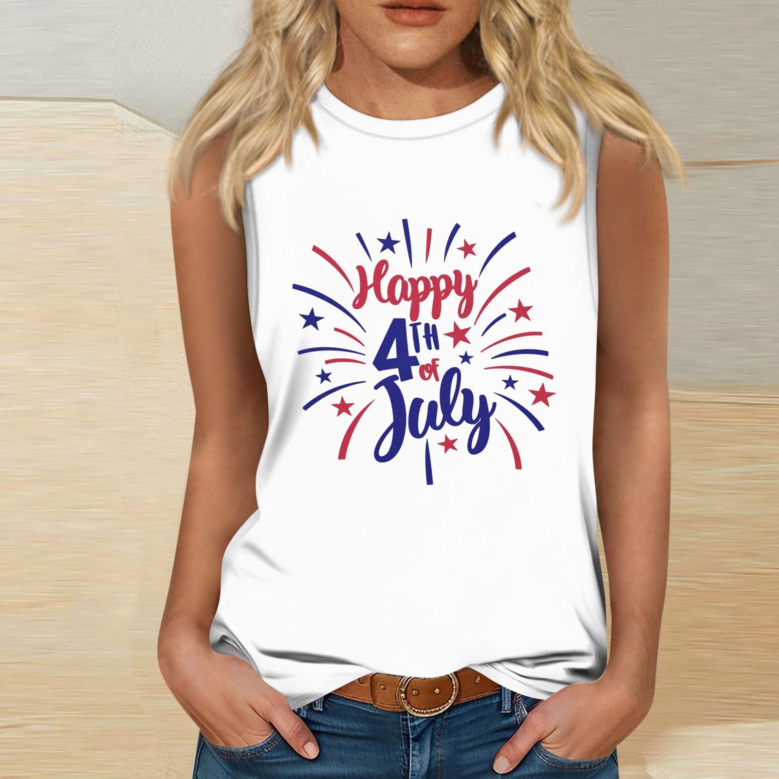 

Женская модная футболка без рукавов с круглым вырезом и принтом ко Дню независимости L белый