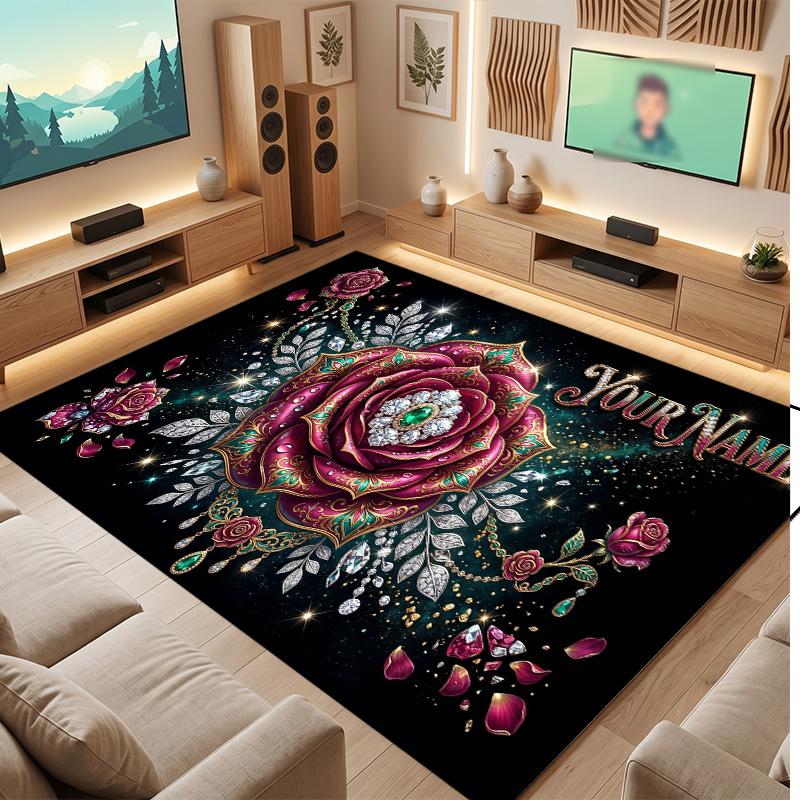 Floral Garden Theme Soft Crystal Velvet Rug Custom Name & Text Print Non Slip Floor Rug for Bedroom Living Room