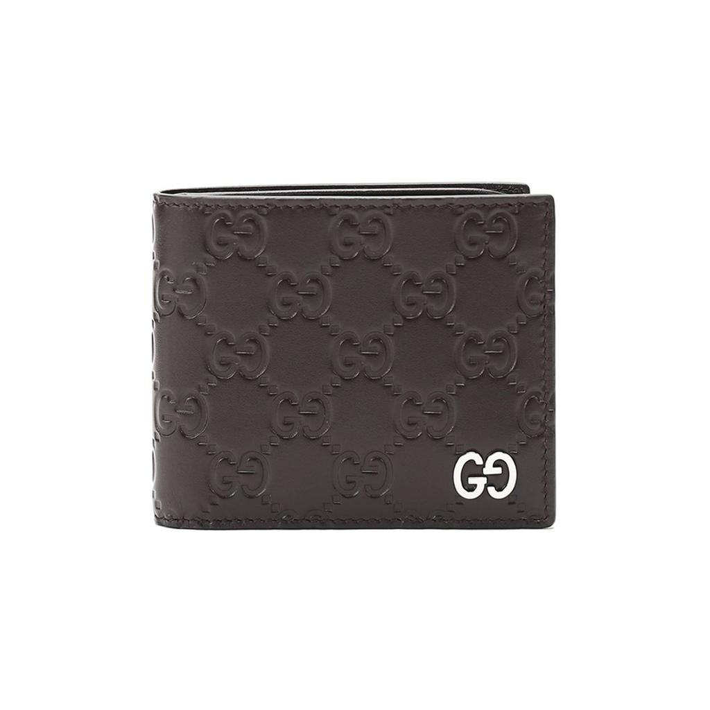 Gucci Silver Label Double G Logo Embossed Leather Short Bi-Fold Wallet Men Wallet Dark-Brown 473916-CWC1N-2140