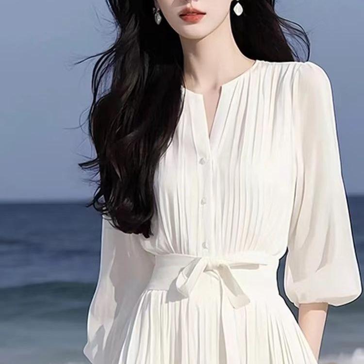 Rochie elegantă albă din șifon franțuzesc - Stil zeiță de primăvară/vară
