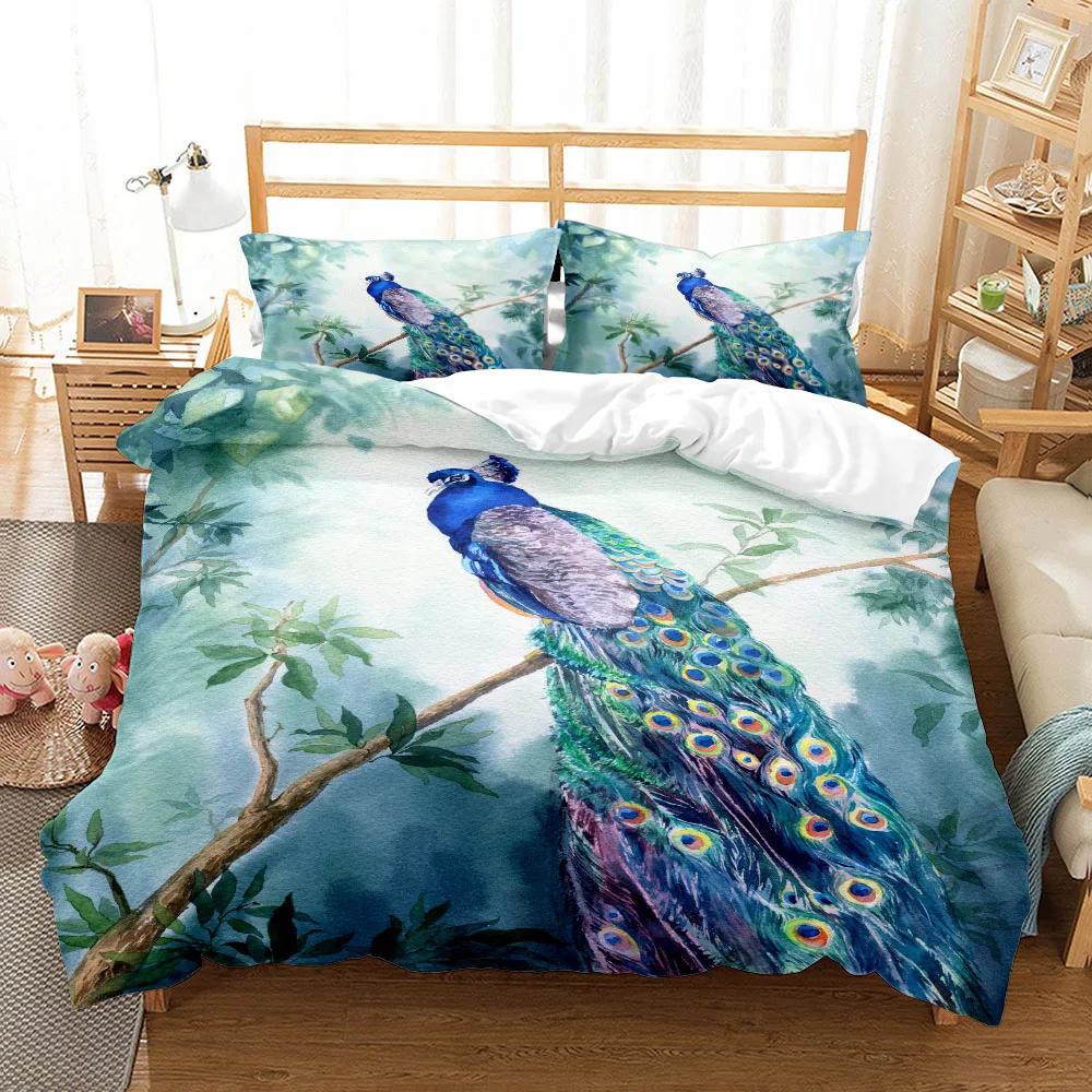 3pcs Graceful Peacock Art 3D Bedding Set Single Twin Double Queen King Cal King Size Bed Linen Set  Washed Cotton Duvet Cover
