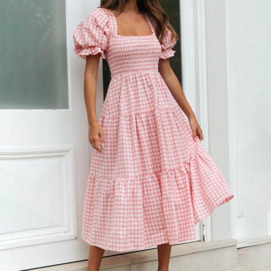 Damen Kleid Karomuster Puffärmel Eckiger Ausschnitt Hohe Taille Sommer Swing Kleid