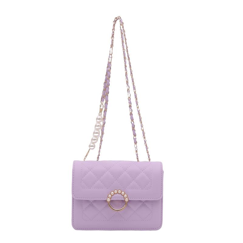Women Korean Style Plaid Chain Pearl Small Square Shoulder Crossbody Bag