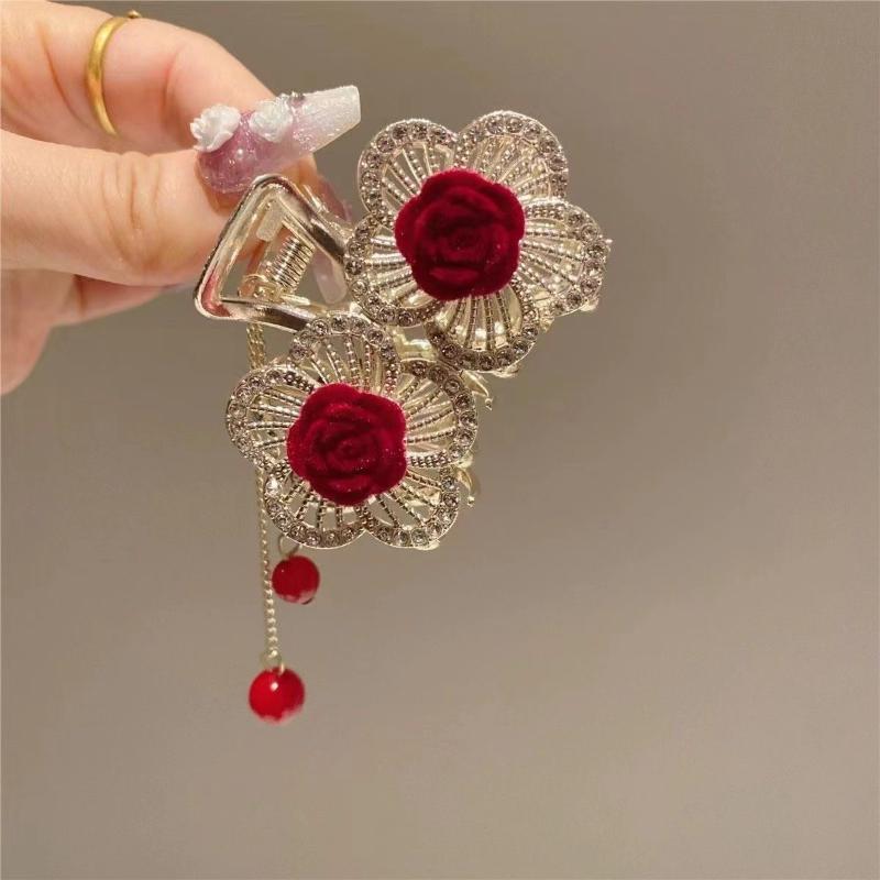 Red rose, pearl, tassel, small claw clip, half pierced top clip, high ponytail clip, white lotus claw clip