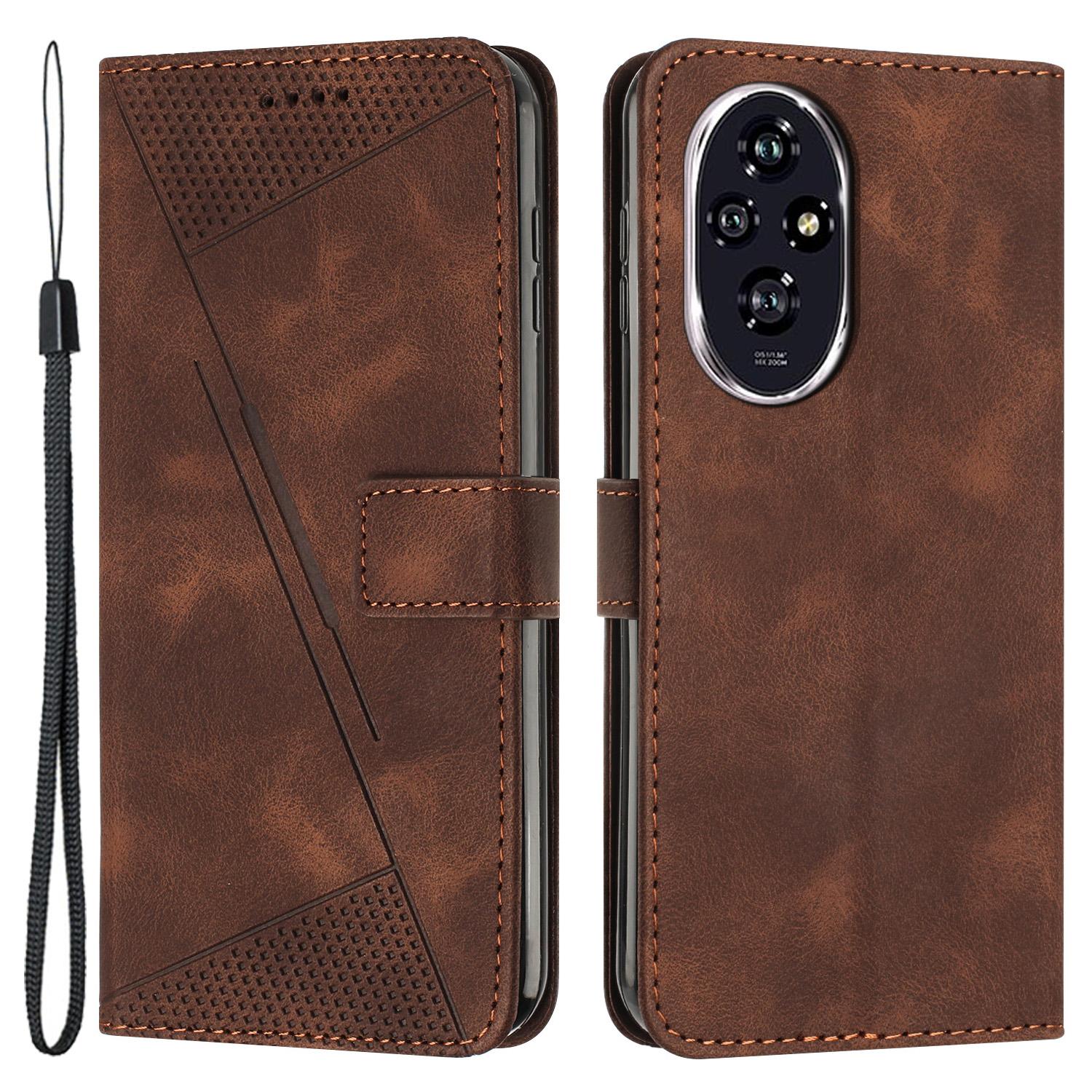 

For Honor 200 5G Leather Case Wrist Strap Protective Phone Cover Triangle Pattern Imprinted Brown