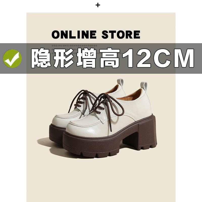 Inner height increase 12cm black women's platform British versatile lace-up small leather shoes small size single shoes women's small size 32