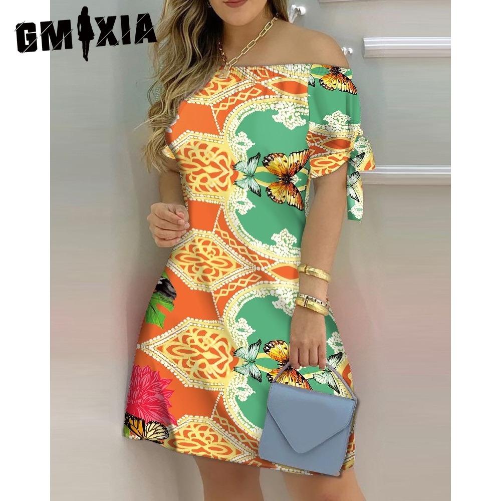 GMXIA Women Fashion Off Shoulder Dress Short Sleeve Bow Tie Print Dresses Summer Beach Dresses Plus Size