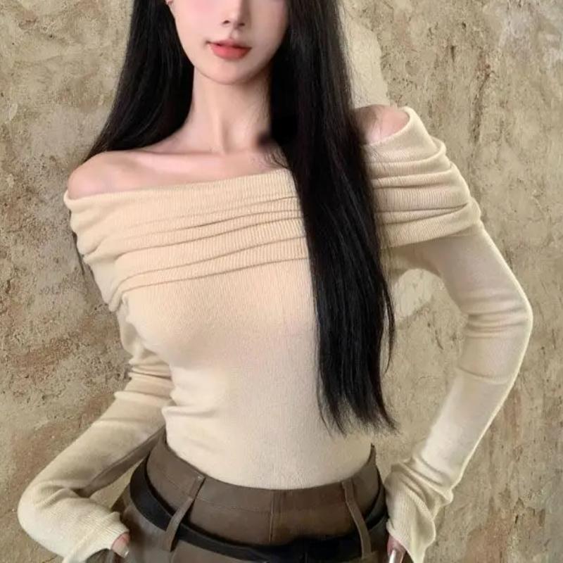 Deeptown Korean Style Knitted Sweater Women Elegant Off Shoulder Female Jumper Harajuku Fashion Gyaru Sexy Pullover Aesthetic