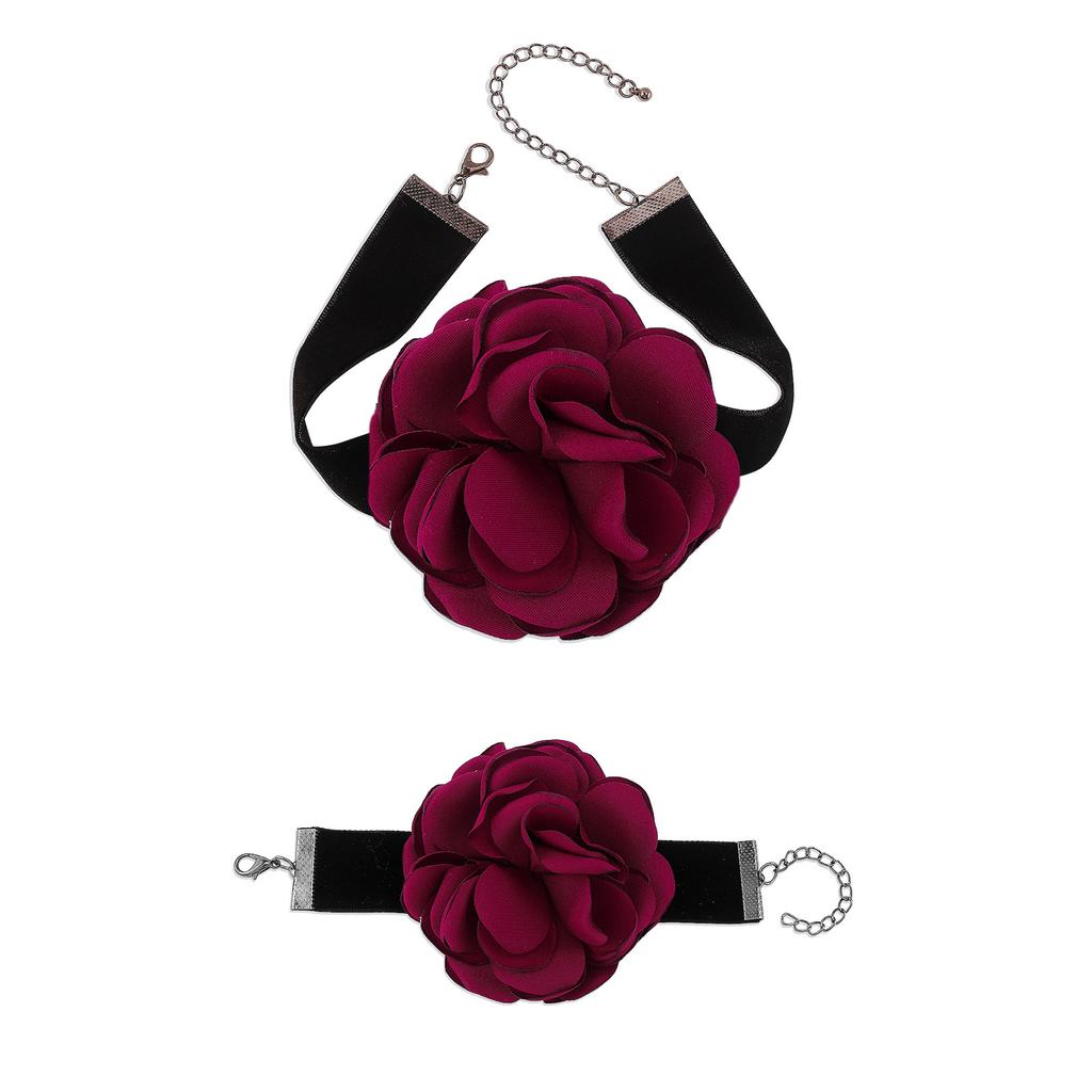 Elegant Collar Exaggerated Flower Bracelet Necklace Flocking Cloth Rose Florals Clavicle Chain Jewelry Accesssories