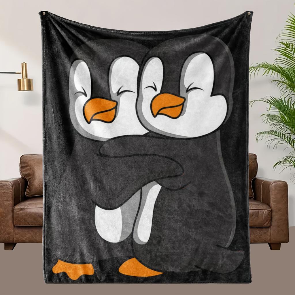 Cute Hugging Penguins Blanket D Printed Soft Cozy Black White Orange Flannel Throw Blanket for Sofa Bed Kids Room Warm Blanket