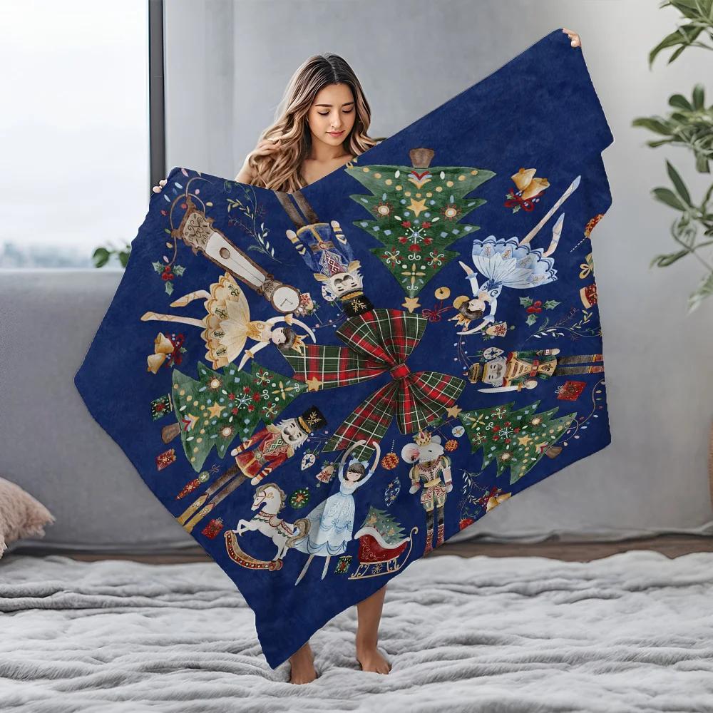 Navy Blue Christmas Fleece Blanket with Giant Plaid Bow, Nutcracker Ballet Dancer Pattern, Festive Throw for Holiday Decor