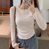 Curved hem front shoulder top women's simple card waist pleated long-sleeved shirt autumn design bottoming shirt