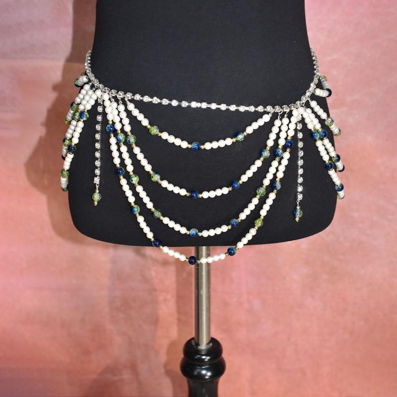 Womens Body Chain Set With Glass Bead Accent Fashionable Bra Top Waist Skirt Outfit Party Evening Wear