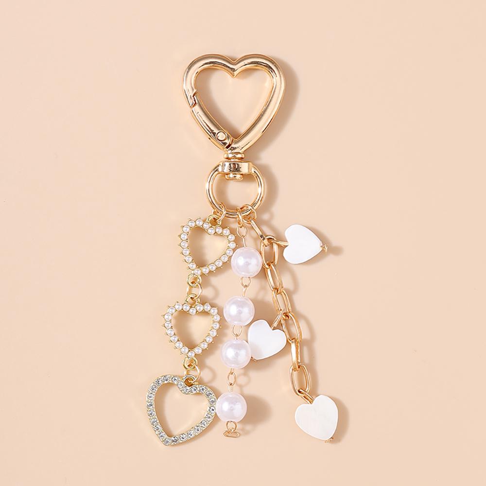 Cute Crystal Love Heart Keychain Women Girls Pearl Key Ring Pendants Handbag Decor DIY Handmade Jewelry Gifts