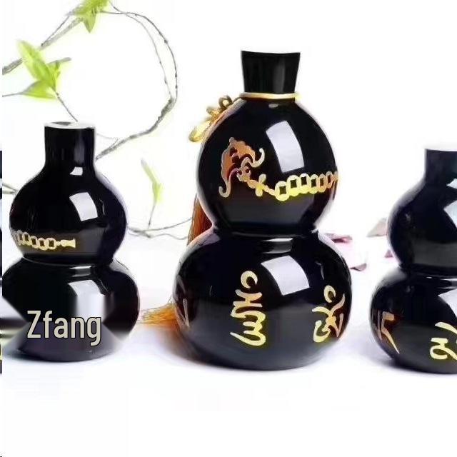 Obsidian Tai Chi Bagua Fu Lu Shou Gourd: Feng Shui Ornament with Six-Character Mantra and Five Blessings Design