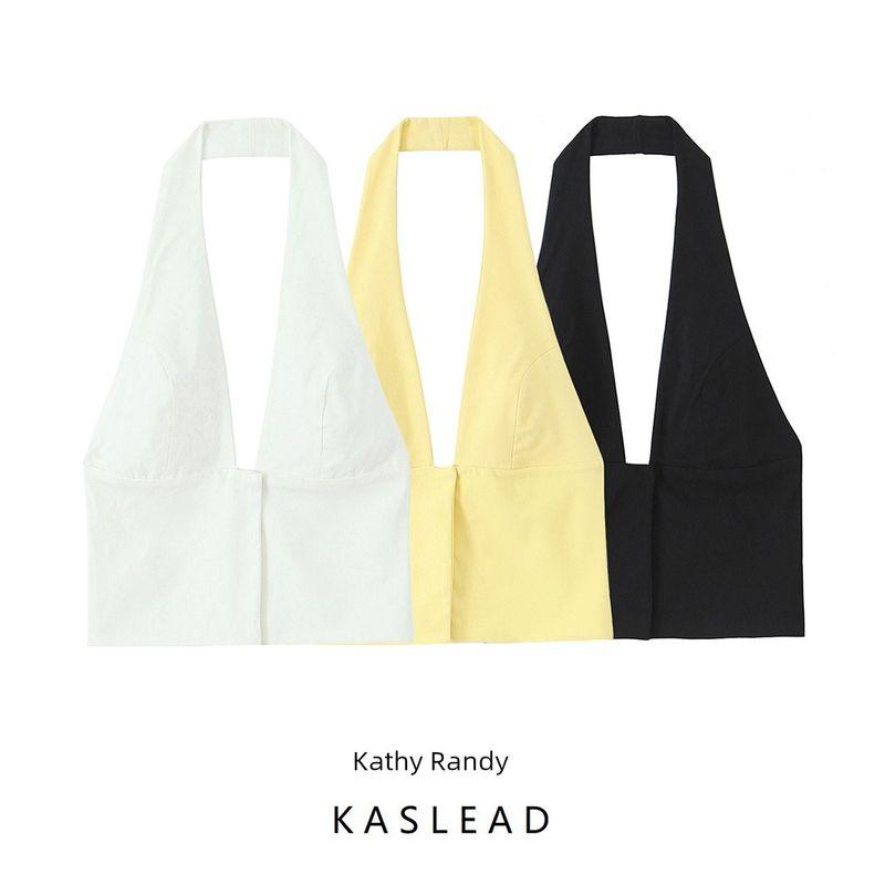 Kaslead New Arrival Women's Clothing Fashion Style Fashion Minimalist Stretch Hanging Collar Tops 0085339