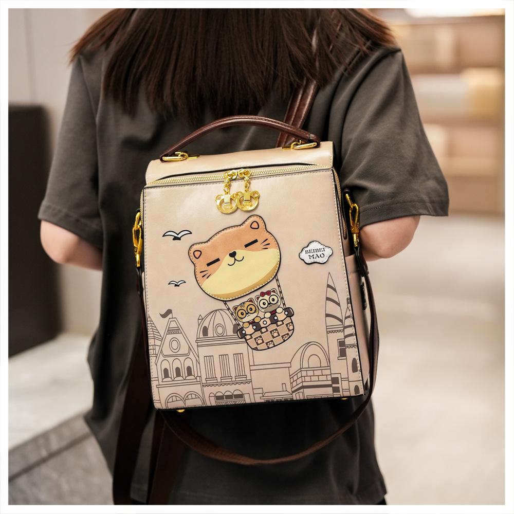 2026 New Premium Sense PU Women's Backpacks Versatile Casual Simple Large Capacity Lady Single Shoulder Bag Cute Cartoon Bear Outdoor Travel Rucksacks