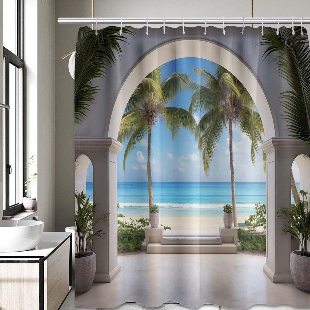Summer Beach Theme Shower Curtain Beachy Coastal Palm Pattern Ocean Tropical Scenic Nature for Bathroom,Decorative Waterproof