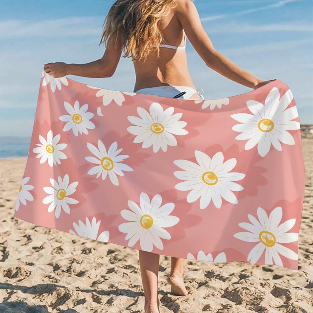 1-Piece Daisy Beach Towel-Soft microfiber, quick-drying, attractive white Daisy pattern in pink for travel, pool, yoga and ca