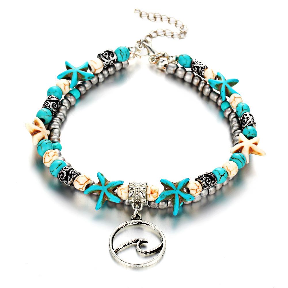 Vintage Turquoise Starfish Turtle Foot Ornaments Beach Layer Beaded Hollow Double Anklet for women Valentine's Day Gift