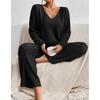 Women's Set of Loose Casual Long-sleeved V-neck Pit Striped Brushed Top and Trousers 2-piece Set