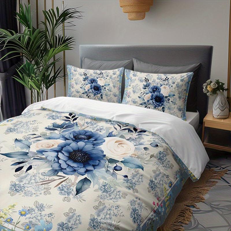 Set di 3 Copripiumini Blu Floreali ad Acquerello Set Copripiumino Romantico con Bouquet Set Copripiumino Floreale Tematico Bohemian