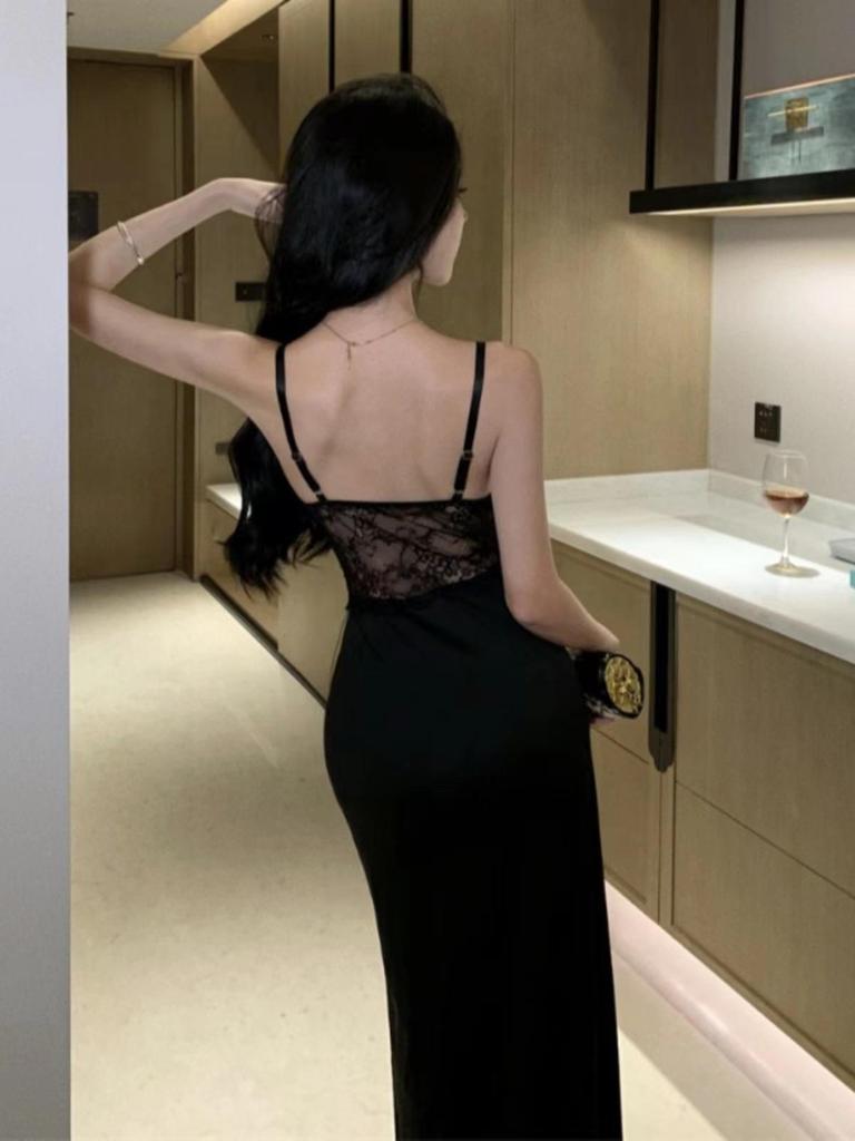 Women's Black Lace Patchwork Spaghetti Strap Sexy Bodycon Slit Evening Dress with Breast Pads