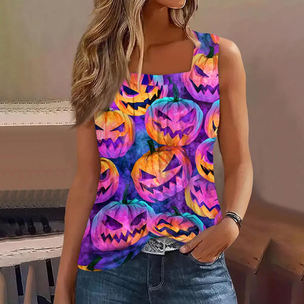 Sleeveless Square Neck Tank Top with Ruffle Detail Halloween Inspired Print Lightweight Casual Summer Blouse for Women