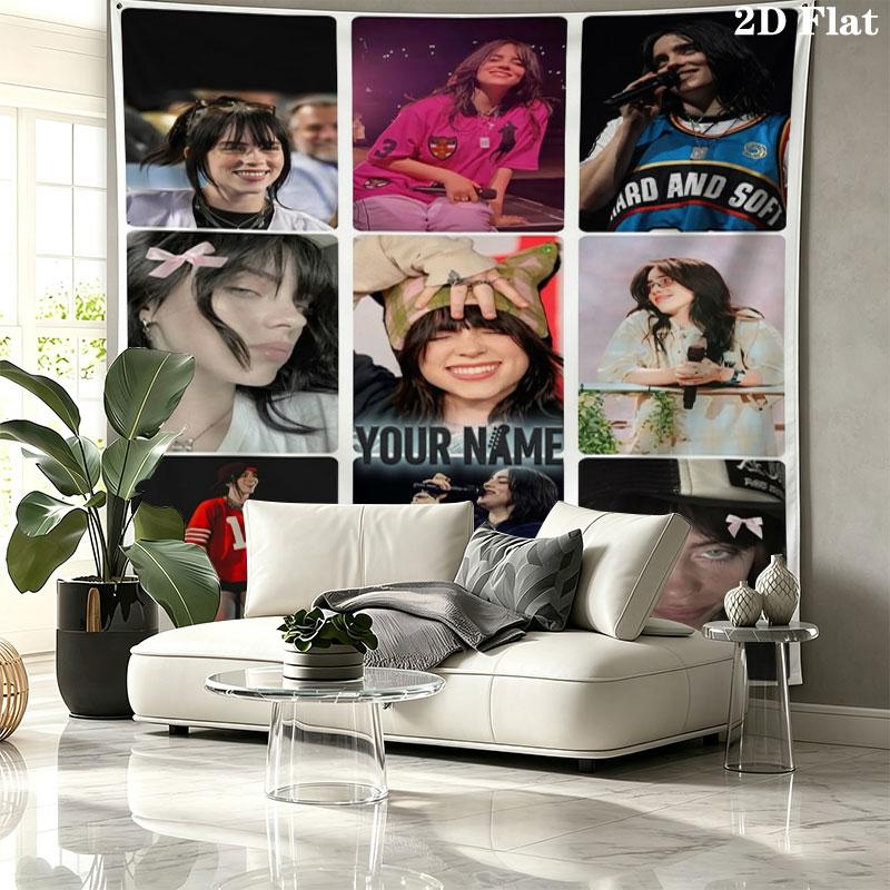 Arazzo da Parete con Nome Personalizzato Billie Eilish Appeso Estetico alla Parete Coperta in Tessuto Stampato Arazzi Decorativi per Camera da Letto Soggiorno Decorazioni per la Casa