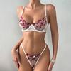 2Pcs/Set Sexy Fit Underwear Set Embroidery Flower Perspective Yarn Stitching Women Bra Low-rise Briefs Set
