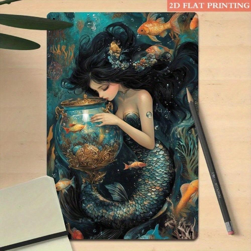 Metal Tin Sign Vintage Mermaid Goldfish Art 8x12 Inch Rustic Home Wall Decor Garage Bar Cafe