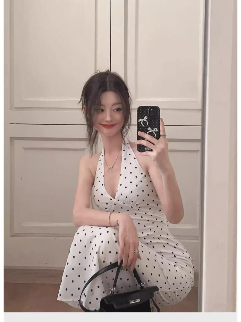 Women's 2025 French Seaside Halter Backless Polka Dot Maxi Dress