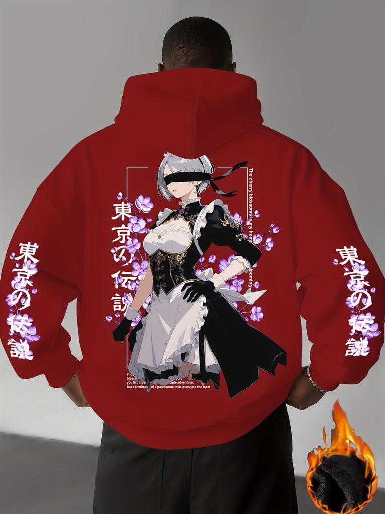 Men's Autumn/Winter Casual Sports Street Style Comic Fighting Maid Print Warm and Comfortable Hooded Sweatshirt