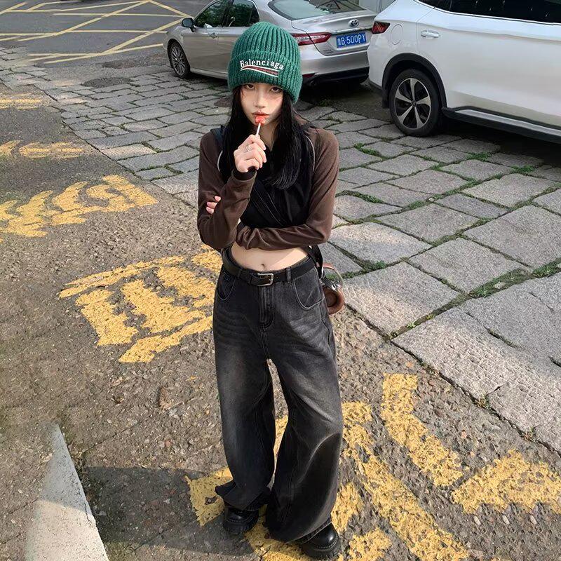 American Retro Velvet-Lined Wide-Leg High-Waist Women's Jeans for Autumn & Winter
