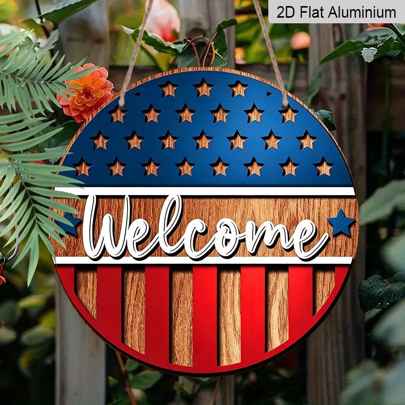 

2D Flat Aluminum Independence Day Style Welcome Sign Wall Decoration, Available in Various Sizes, Star and Stripe Pattern. Suitable for Living Rooms 20*20cm