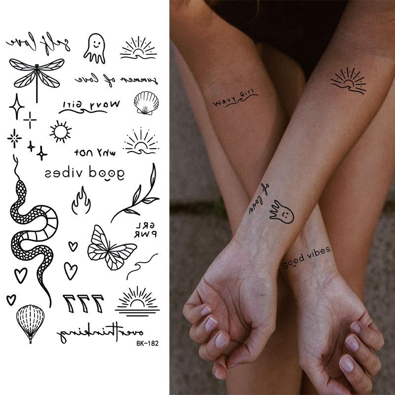 Tattoo Sticker, Plain Flower English, Letter Flower Butterfly Line Transfer Sticker Tattoo