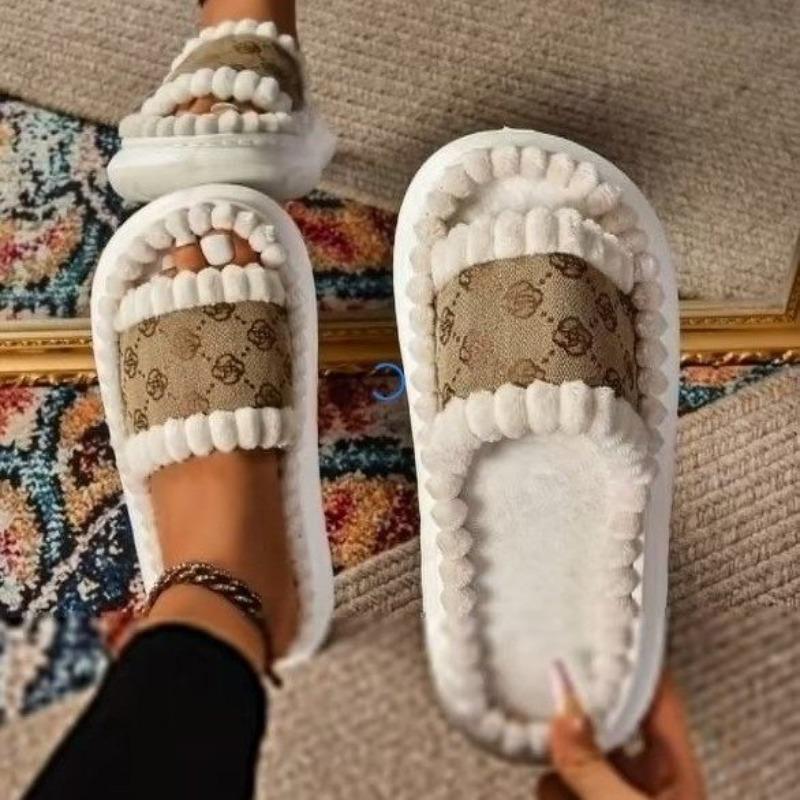 Fashion Women Home Slippers Cozy Open Toe Lightweight Sandals Warm Plush Fluffy Shoes Women Fuzzy Trend Non-Slip Slippers Slides Women