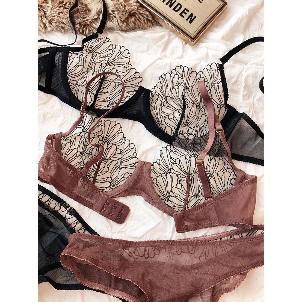 Summer Lace Ultra Thin Women Underwear French High Quality Feather Push Up Bra Set Sexy Brassiere and Hollow Panties Sets Ladies