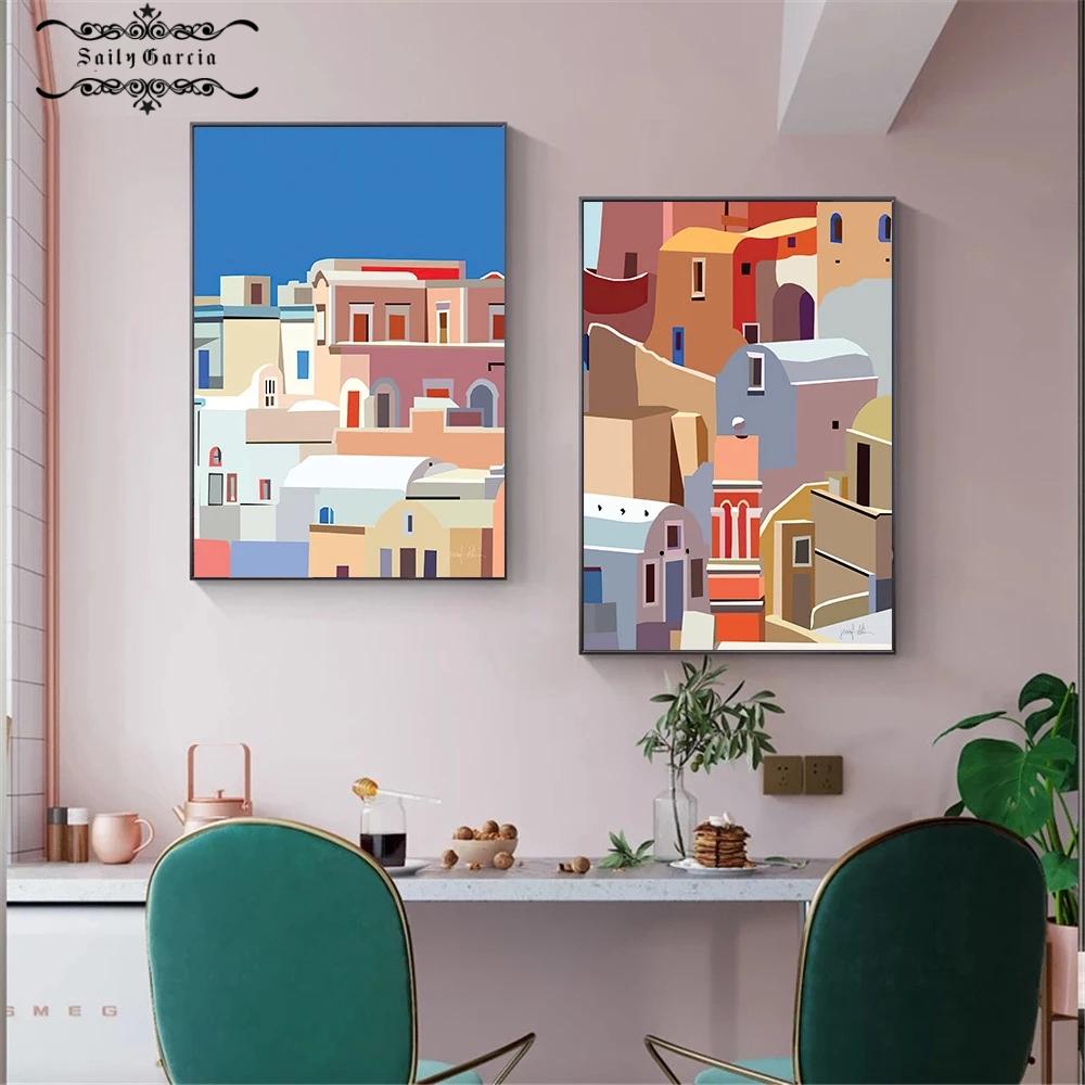

Цветная архитектура настенный художественный плакат и печать дом пейзаж холст живопись скандинавский Санторини Картины для декора гостиной