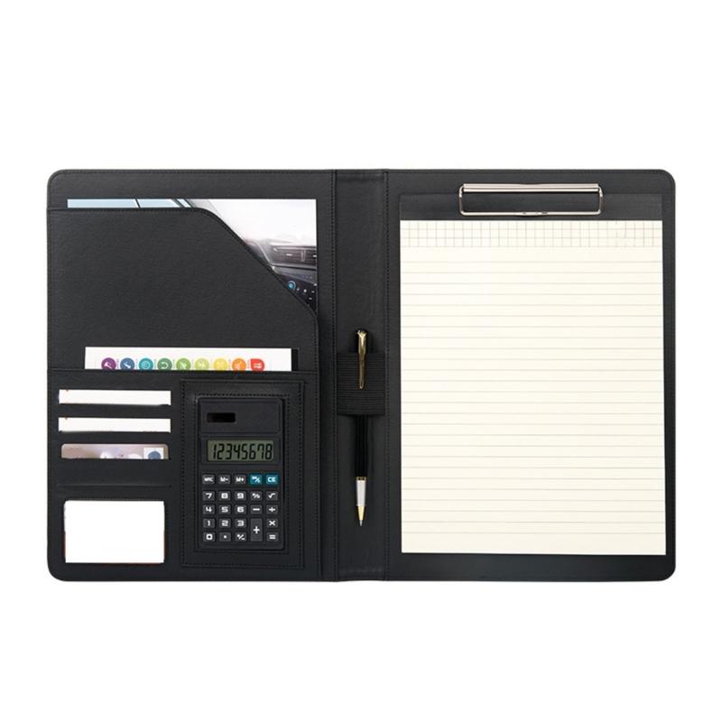 Business Document Case Leather Conference Folder with Clipboard Multiple Pocket Elastic Pen Slot for Meeting Interviews