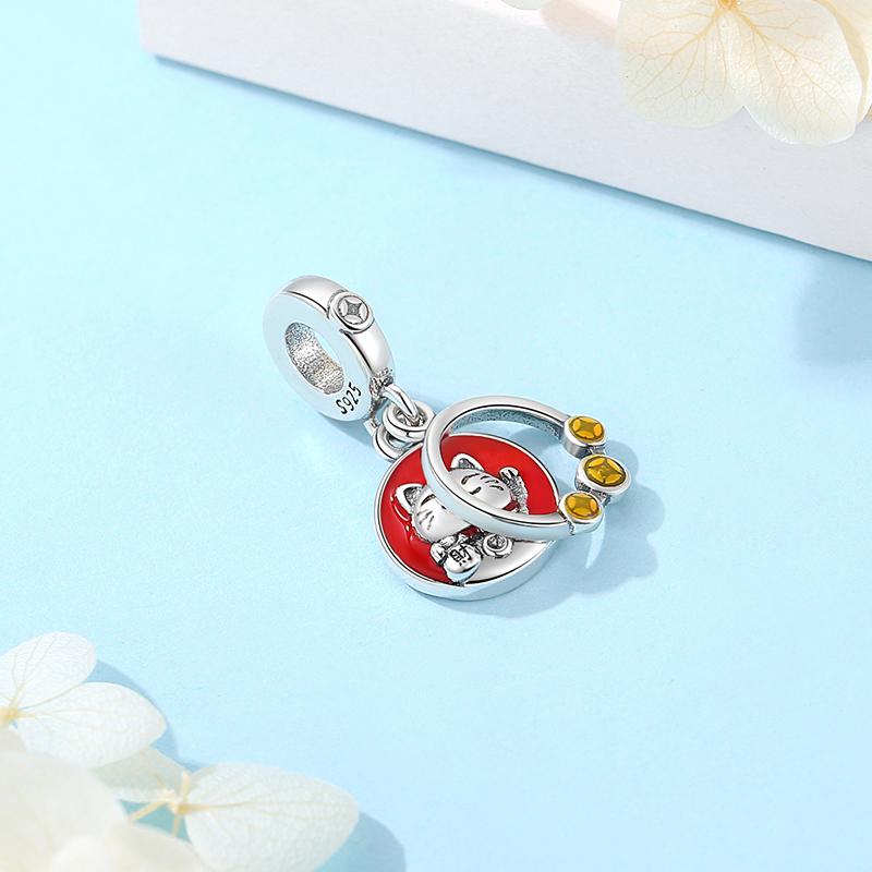 Original 925 Sterling Copper Charms Maneki Neko Lucky Fortune Cat Beads Pave CZ Fit Brand Bracelets Necklaces Women Zircon