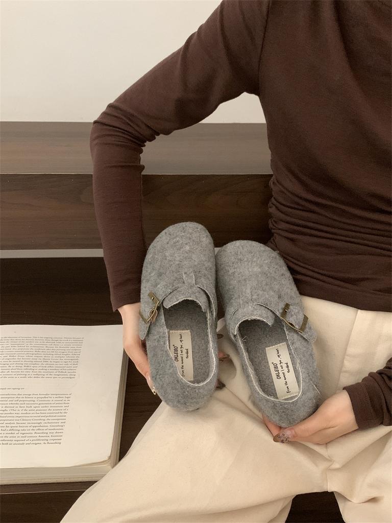 Retro Round Head Wool Woolen Velvet Birkenstocks Women's Winter Lazy People Pedal Thermal Cotton Ladyshoes Ugly Cute Big Head Shoes