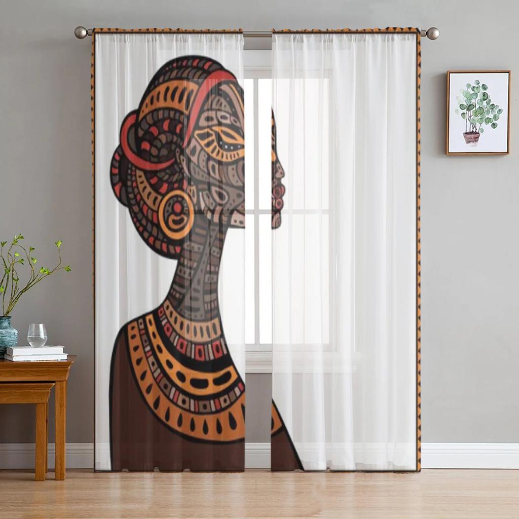 African Woman Ethnic Style Tulle Sheer Curtains for Living Room the Room Bedroom Kitchen Decoration Voile Organza Curtains