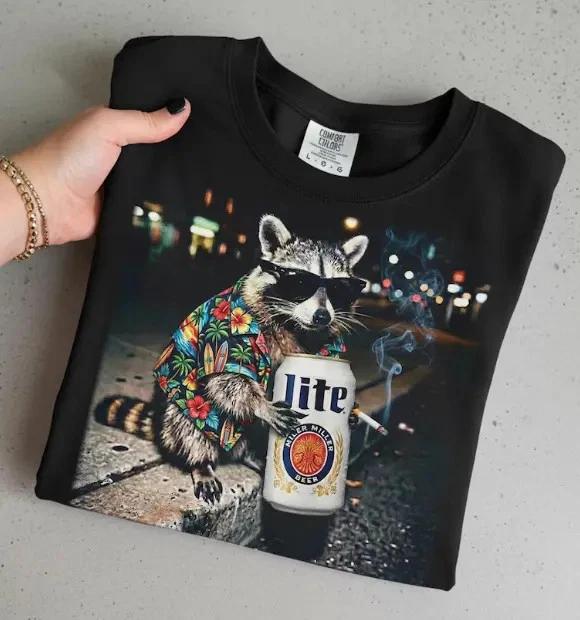 Raccoon Smoking Beer Funny Meme  Shirt Vintage 90s Graphic Tee M