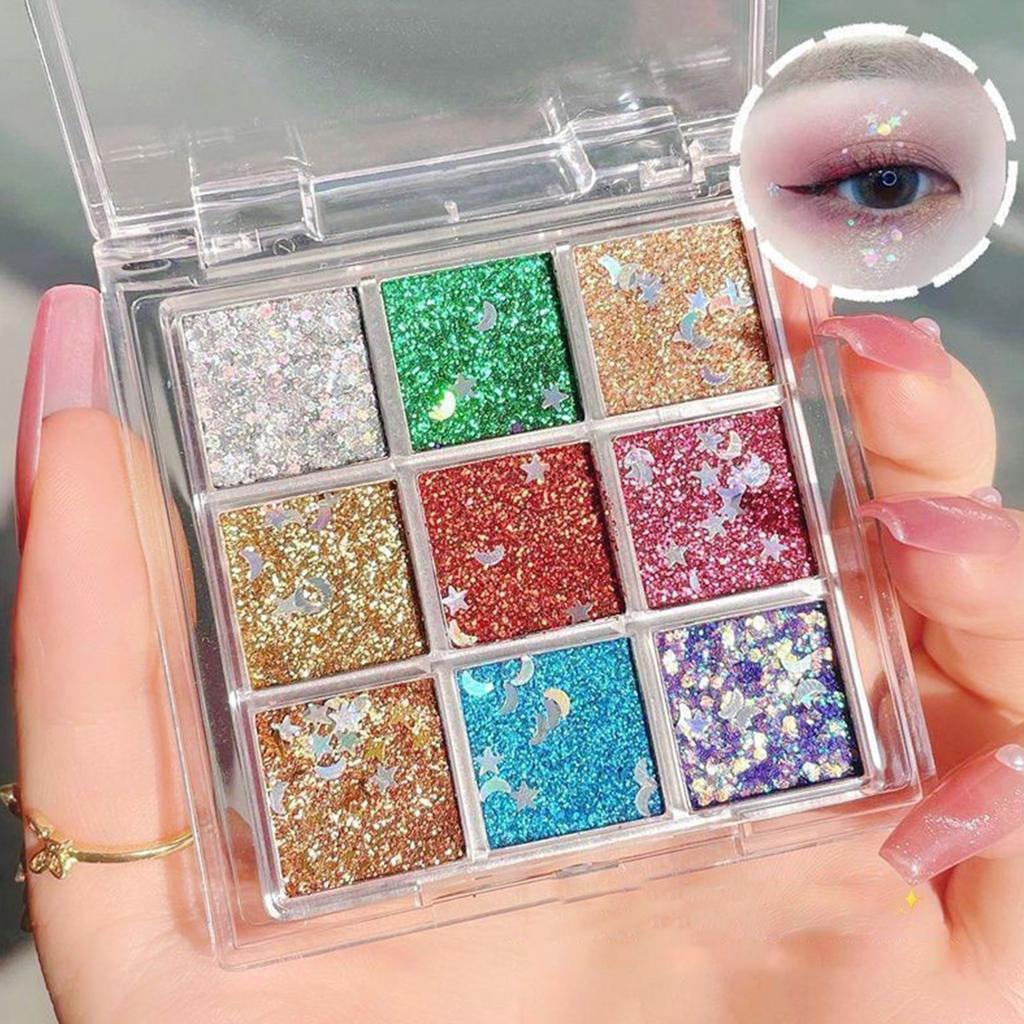 9-color Gel, Colored Sequin, Glue-free 9-color Eyeshadow , Performance Stage Makeup, Big Glitter, Super Shiny.