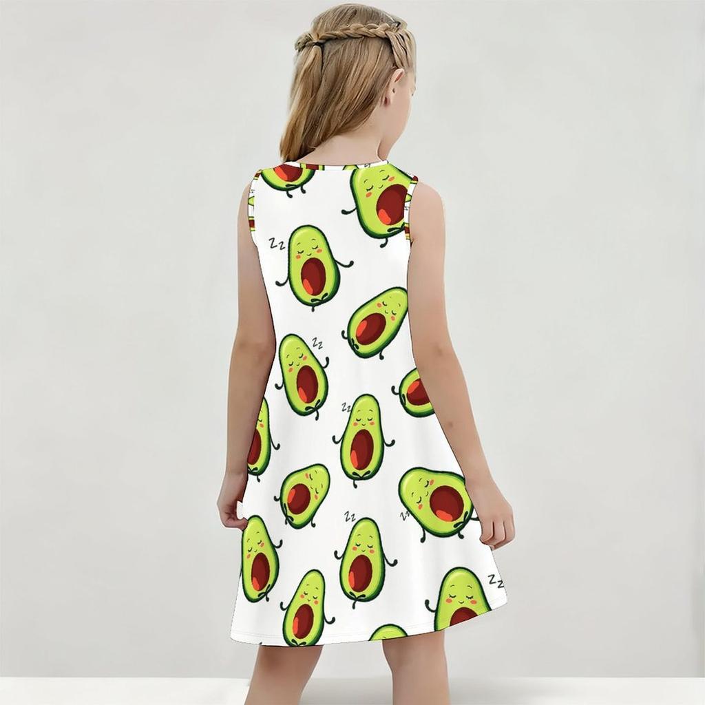 Girls Round Neck Sleeveless A Line Flared Hem Printed Gradient Dress